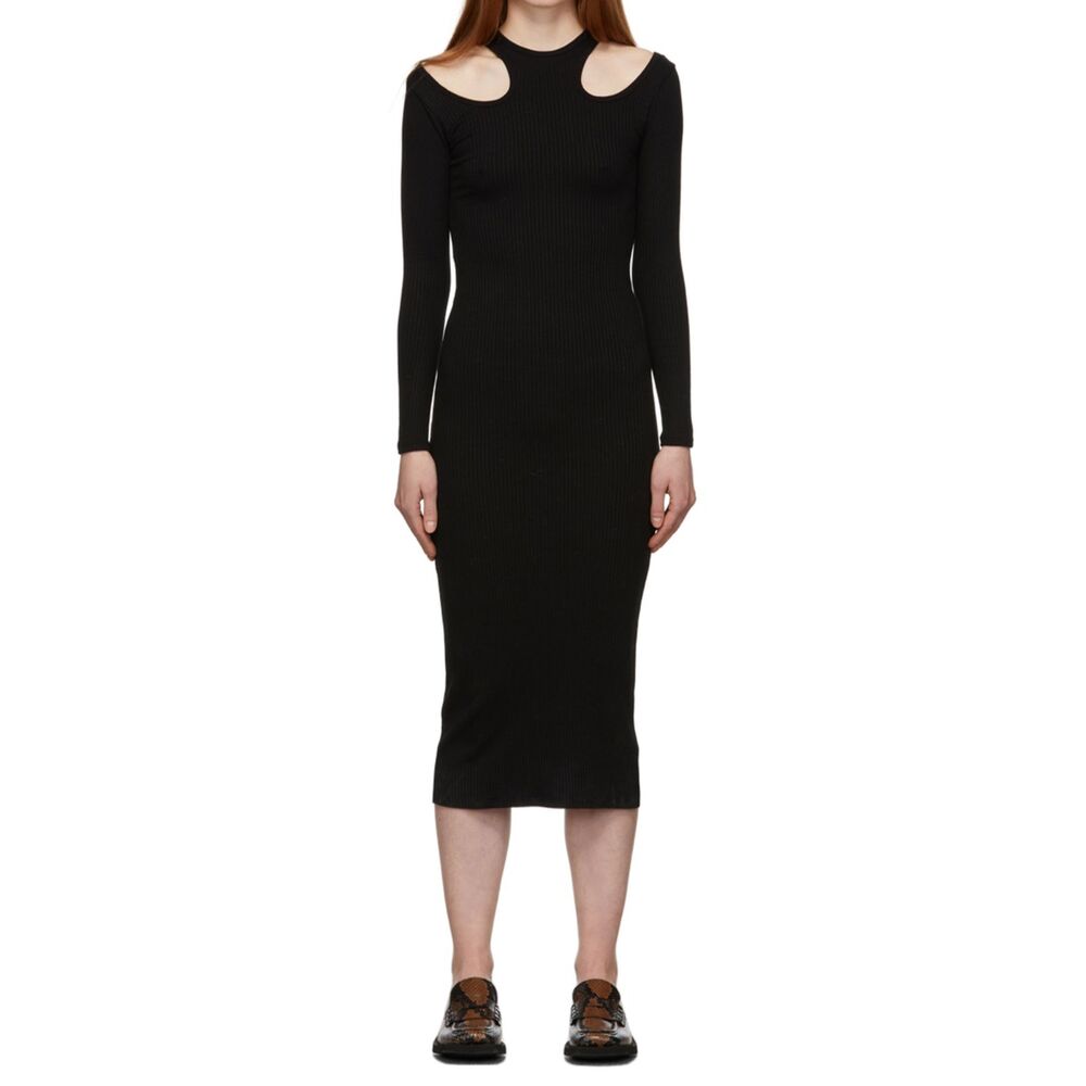 Simon Miller Ribbed Cut Out Round Neck Long Sleeve Midi Dress Black Small